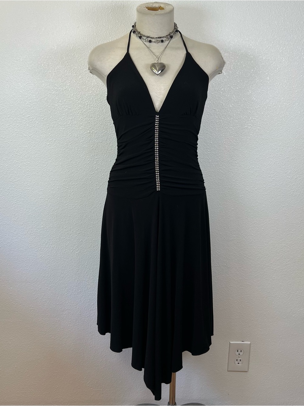 Black Halter V-Neck Party Dress with Rhinestone Detail